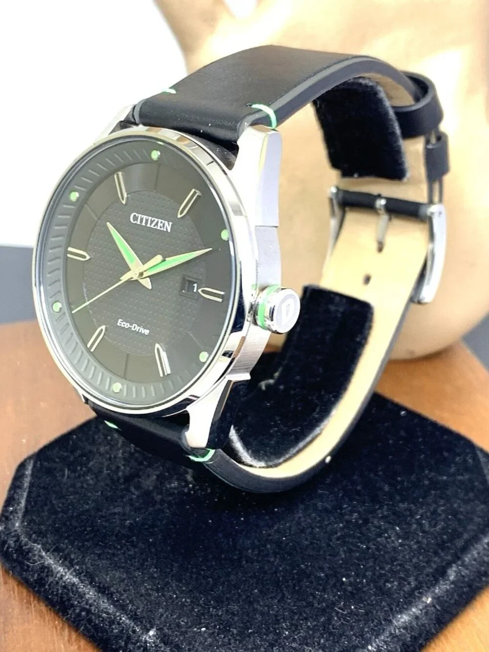 Citizen Men's Watch BM6980-08E Eco-Drive Green Black Dial Leather Band 42mm